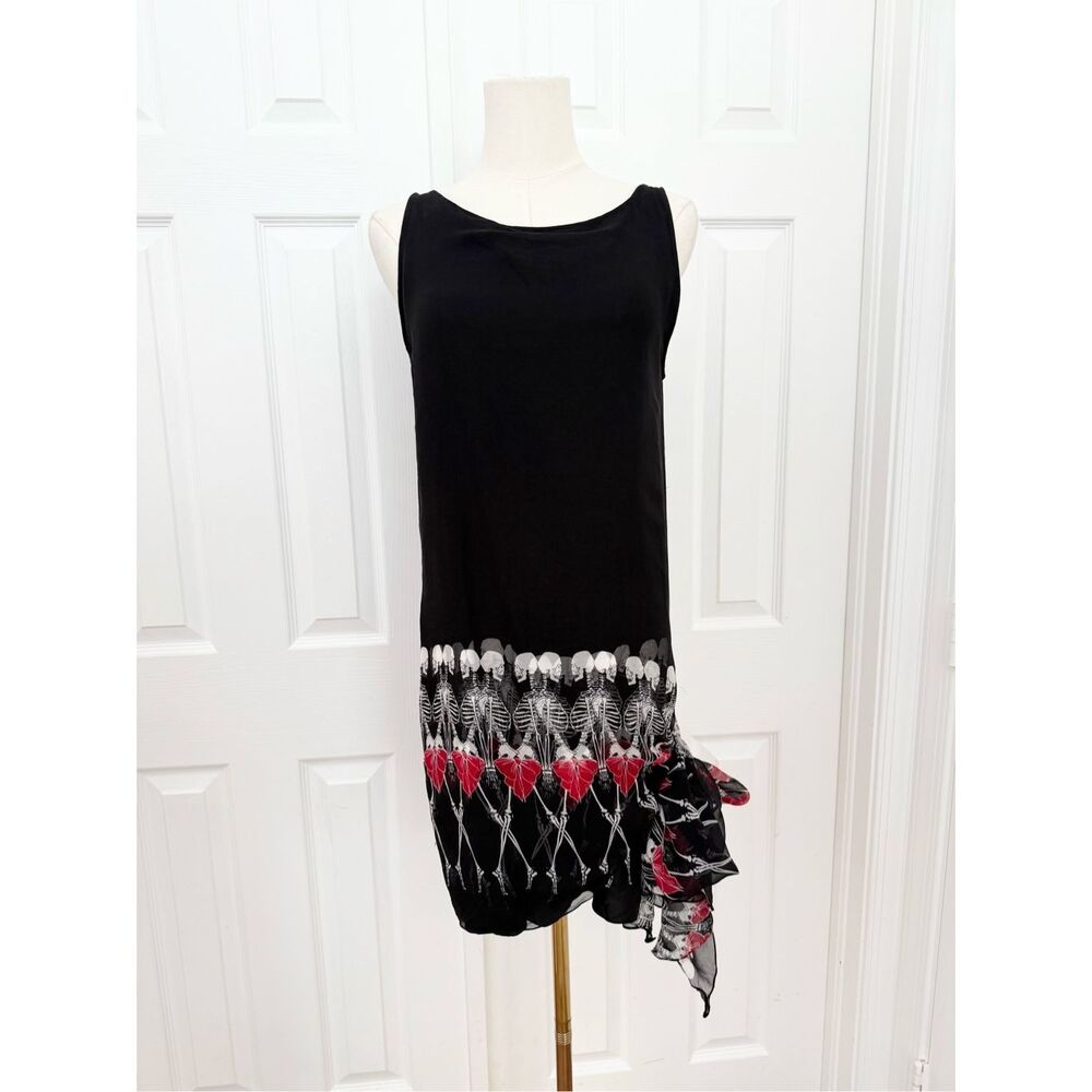 Thomas Wylde Black Silk Skeleton Bow Print Handkerchief Mini Dress Size Small
